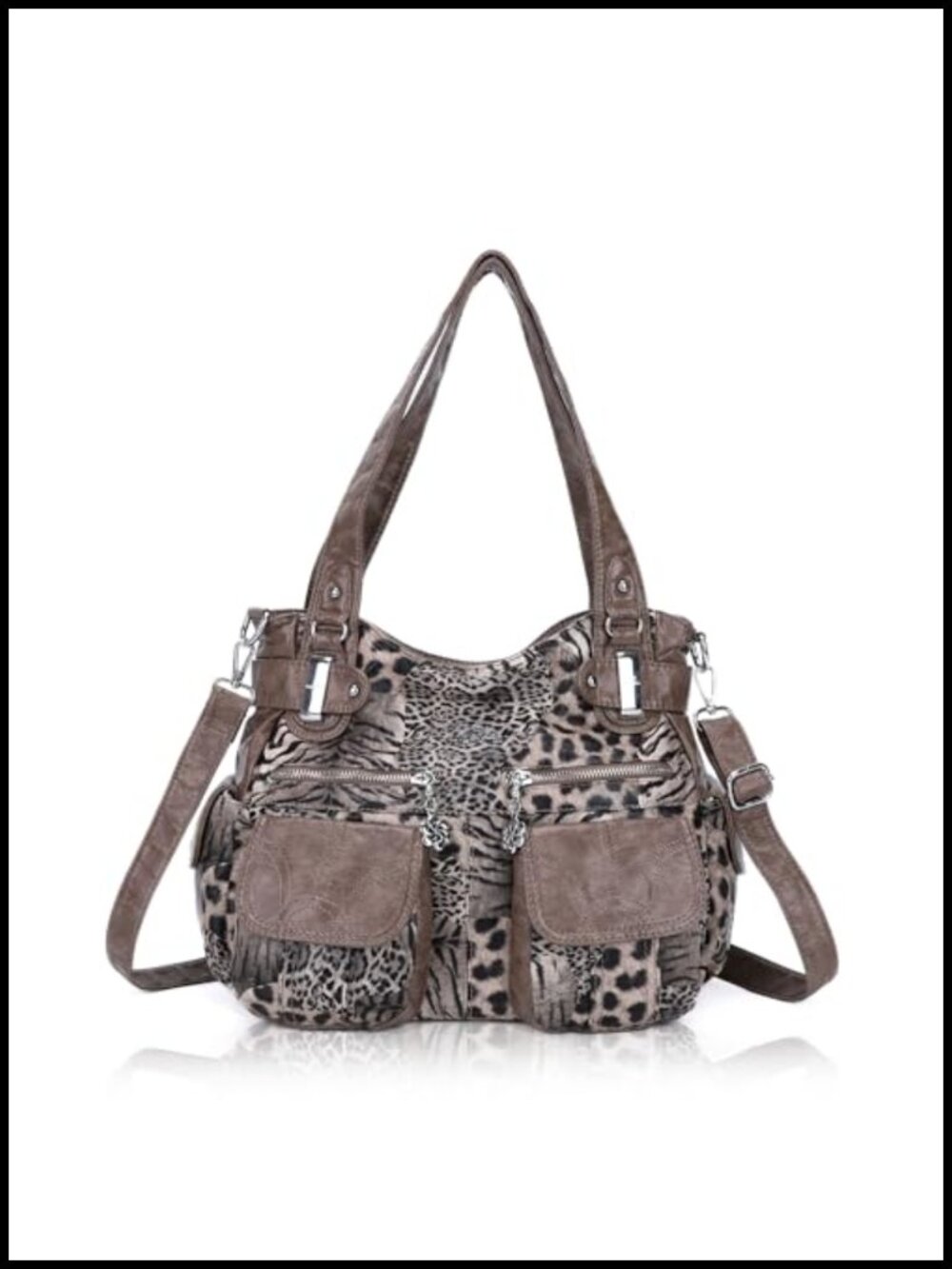 Women's Tote Handbag Washable PU Leather Double Zipper Multi Pocket Shoulder Bag
